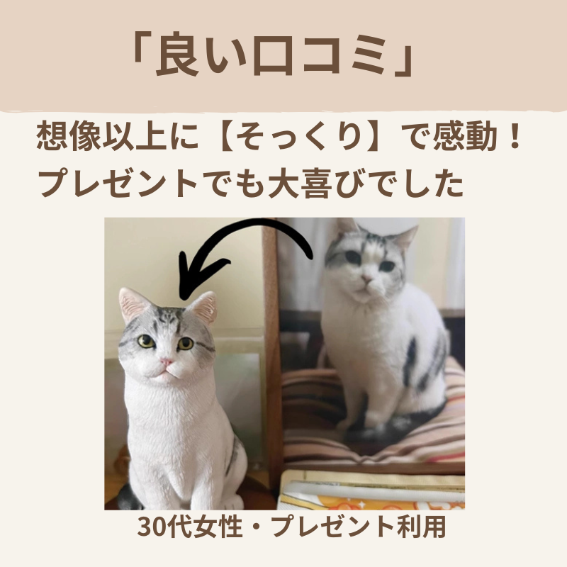 オーダーメイドフィギュアの良い口コミとして、実物の猫とそっくりに再現されたフィギュアの比較写真