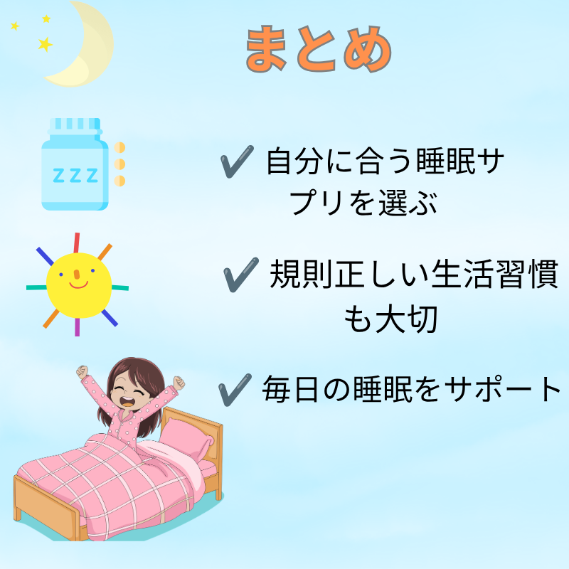 睡眠サプリ記事のまとめを紹介するイメージ画像。自分に合った睡眠サプリ選びや規則正しい生活習慣の大切さ、毎日の睡眠をサポートするポイントをわかりやすく紹介。