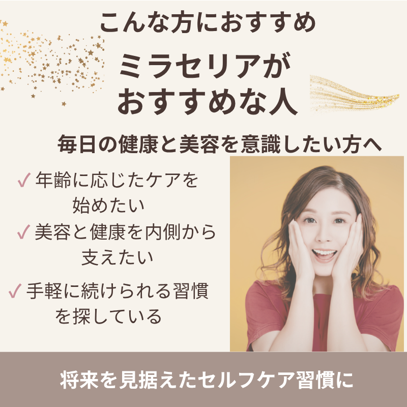 ミラセリアがおすすめな人と、年齢に応じた美容・健康ケアや続けやすさを紹介する画像
