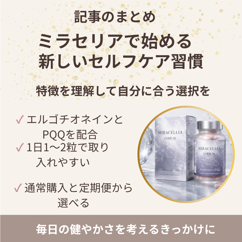 ミラセリアの注目成分、1日1〜2粒の摂取目安、通常購入と定期便についてまとめた画像